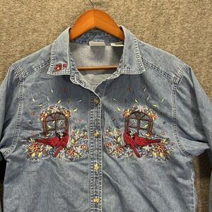 Bobbie‎ Brooks Women M Denim Embroidered Cardinal  Long Sleeve Shirt